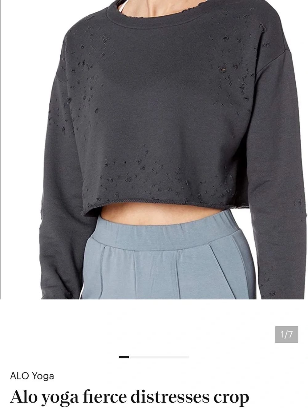 ALO Yoga Black Cropped Distressed Crewneck Sweatshirt